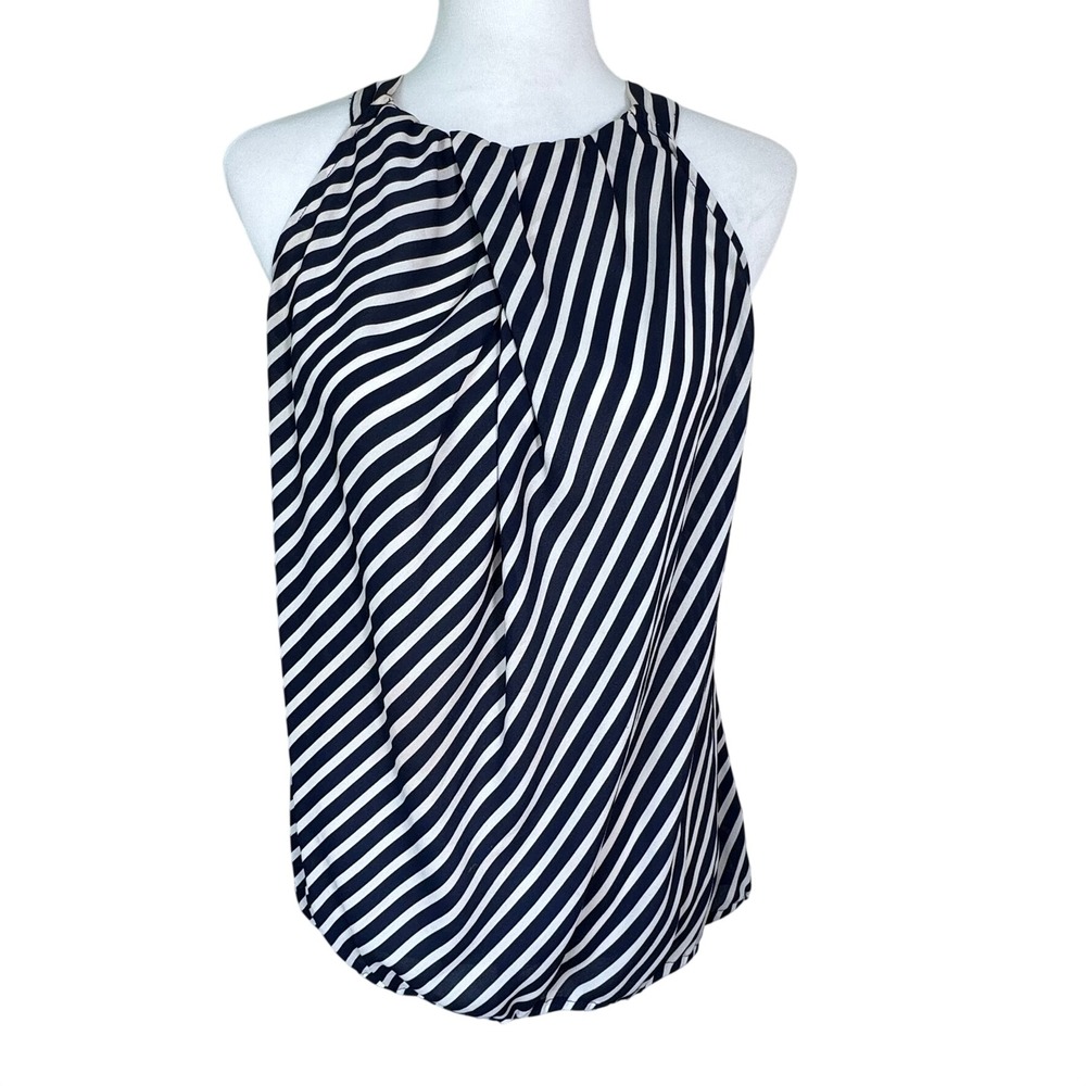 NEW YORK & COMPANY Women's Medium Navy Blue White Striped Halter Tie Back Blouse